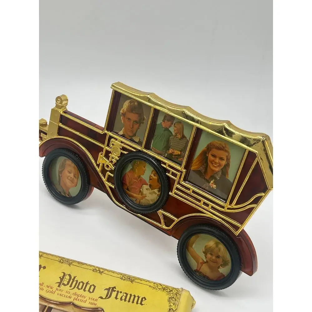 Vintage Antique Car Photo Frame 6 Opening Gold Tone Hong Kong w/ Original Box